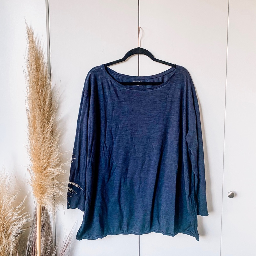 Eileen Fisher Size XL Hemp Organic Cotton 3/4 Length Navy Blue Top for Women
